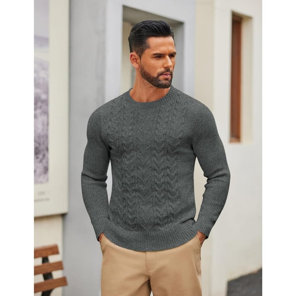 Coofandy Men Dark Grey Crewneck Pullover Twist Textured Fisherman Sweater - Picture 5 of 5